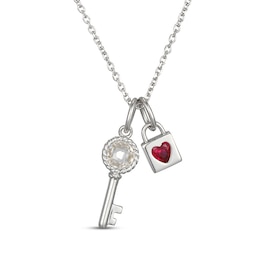 Heart-Shaped Lab-Created Ruby & White Lab-Created Sapphire Lock & Key Necklace Sterling Silver 18"