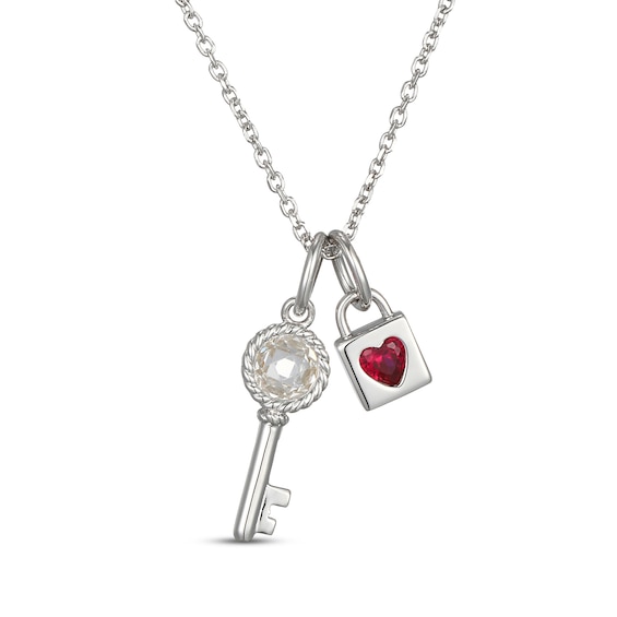 Heart-Shaped Lab-Created Ruby & White Lab-Created Sapphire Lock & Key Necklace Sterling Silver 18"