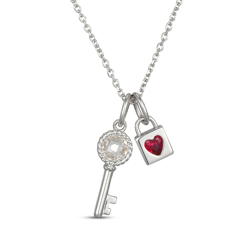 Main Image 1 of Heart-Shaped Lab-Created Ruby & White Lab-Created Sapphire Lock & Key Necklace Sterling Silver 18"