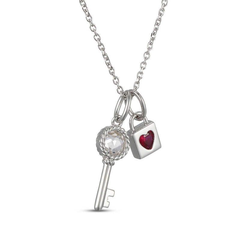 Main Image 2 of Heart-Shaped Lab-Created Ruby & White Lab-Created Sapphire Lock & Key Necklace Sterling Silver 18"