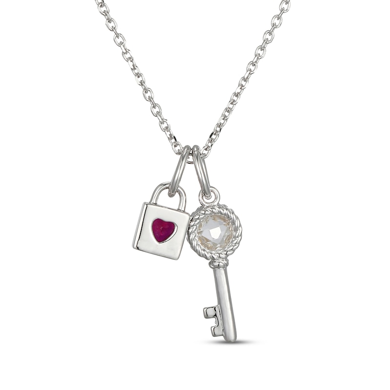 Main Image 3 of Heart-Shaped Lab-Created Ruby & White Lab-Created Sapphire Lock & Key Necklace Sterling Silver 18"