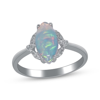 Marquise-Cut Natural Opal & Diamond Halo Ring 1/20 ct tw 10K White Gold