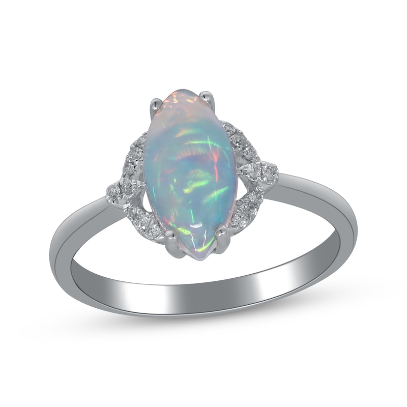 Main Image 1 of Marquise-Cut Natural Opal & Diamond Halo Ring 1/20 ct tw 10K White Gold