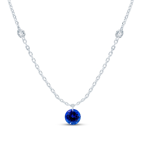 Pierced Gemstone Blue Lab-Created Sapphire & Lab-Grown Diamond Station Necklace 1/5 ct tw 10K White Gold 17.5"