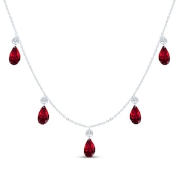 Pear-Shaped Lab-Created Ruby & Lab-Grown Diamond Dangle Station Necklace 7/8 ct tw 10K White Gold 18"