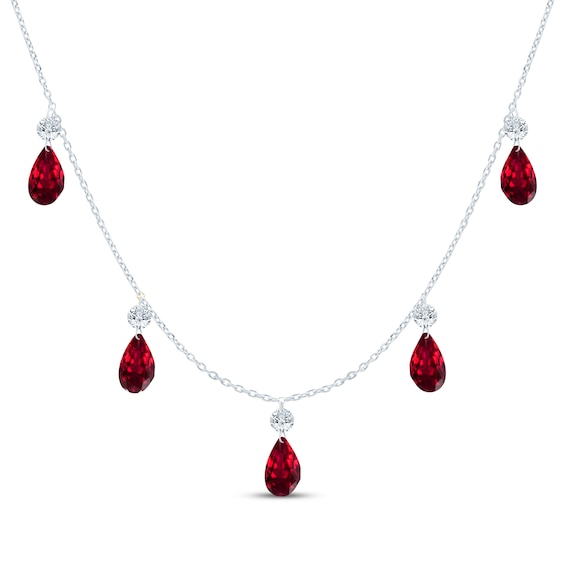 Pear-Shaped Lab-Created Ruby & Lab-Grown Diamond Dangle Station Necklace 7/8 ct tw 10K White Gold 18"