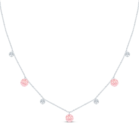 Pink Lab-Created Sapphire & Lab-Grown Diamond Dangle Station Necklace 5/8 ct tw 10K White Gold 18"