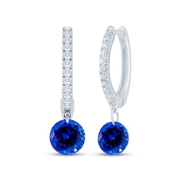 Blue Lab-Created Sapphire & Lab-Grown Diamond Hoop Drop Earrings 1/10 ct tw 10K White Gold