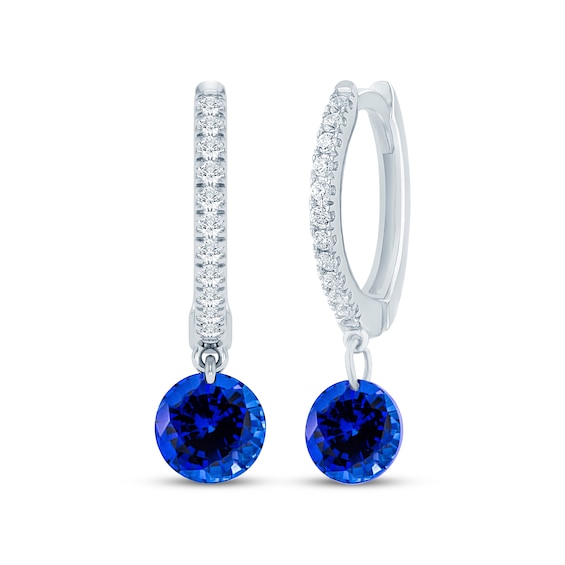 Blue Lab-Created Sapphire & Lab-Grown Diamond Hoop Drop Earrings 1/10 ct tw 10K White Gold