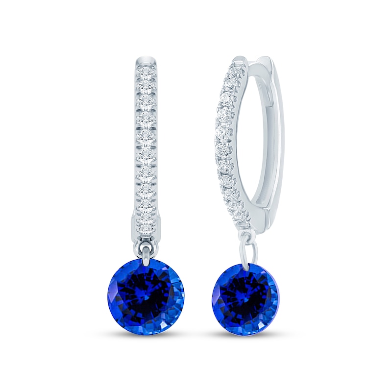 Main Image 1 of Blue Lab-Created Sapphire & Lab-Grown Diamond Hoop Drop Earrings 1/10 ct tw 10K White Gold