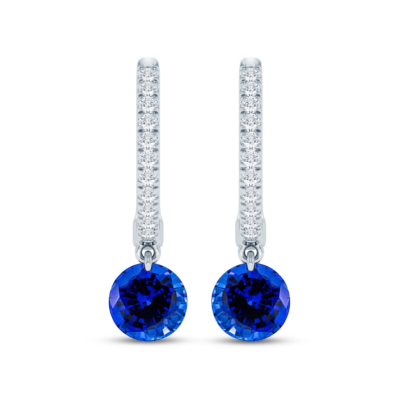 Main Image 2 of Blue Lab-Created Sapphire & Lab-Grown Diamond Hoop Drop Earrings 1/10 ct tw 10K White Gold