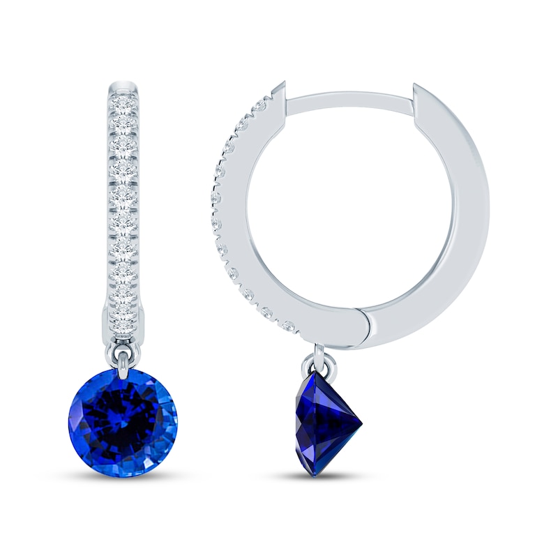 Main Image 3 of Blue Lab-Created Sapphire & Lab-Grown Diamond Hoop Drop Earrings 1/10 ct tw 10K White Gold