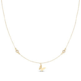 Italian Brilliance Textured Circle Butterfly Station Necklace 10K Yellow Gold 18"