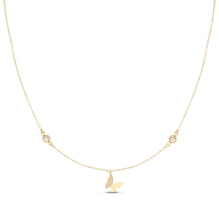 Italian Brilliance Textured Circle Butterfly Station Necklace 10K Yellow Gold 18"