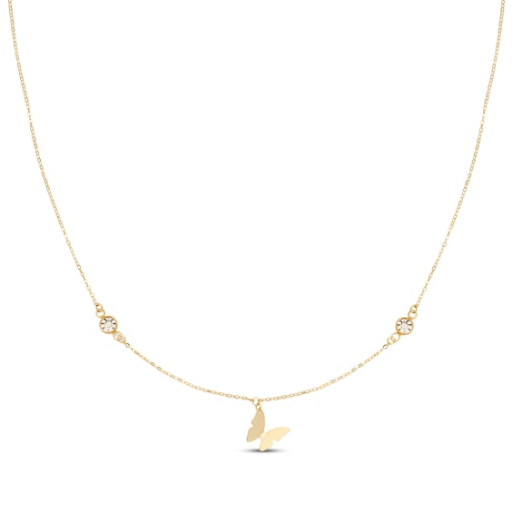 Italian Brilliance Textured Circle Butterfly Station Necklace 10K Yellow Gold 18"