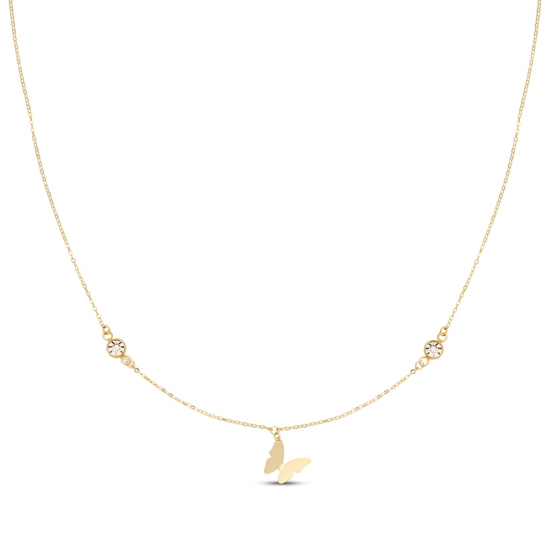 Main Image 1 of Italian Brilliance Textured Circle Butterfly Station Necklace 10K Yellow Gold 18"