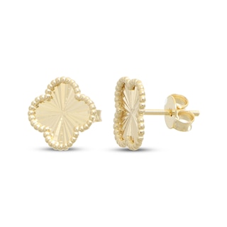 Italian Brilliance Bead Border Clover Stud Earrings 14K Yellow Gold