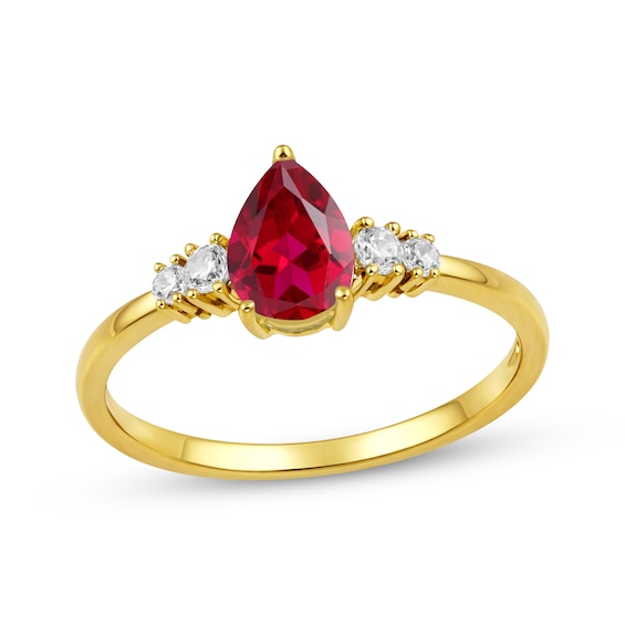KAY Lab-Grown Diamonds Pear-Shaped Lab-Created Ruby Birthstone Ring 1/10 ct tw 10K Yellow Gold