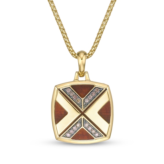 Twelve Crowns Men's Brown Diamond & Natural Tiger's Eye Necklace 1/4 ct tw 14K Yellow Gold-Plated Sterling Silver 24"