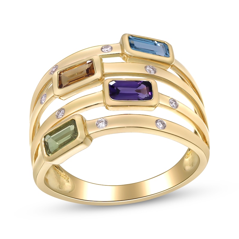 Main Image 1 of Emerald-Cut Natural Swiss Blue Topaz, Citrine, Amethyst, Peridot & Diamond Stacked Ring 1/20 ct tw 14K Yellow Gold