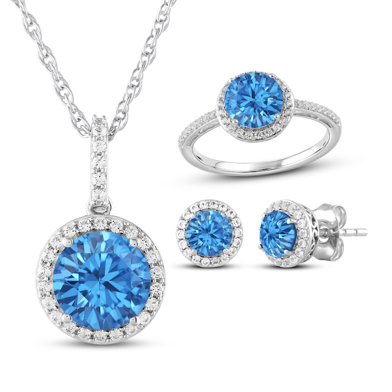 Main Image 1 of Natural Swiss Blue Topaz & White Lab-Created Sapphire Halo Necklace, Earrings & Ring Gift Set Sterling Silver