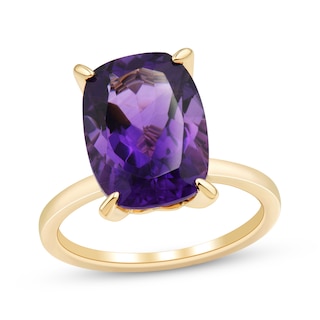 Cushion-Cut Natural Amethyst Solitaire Ring 10K Yellow Gold