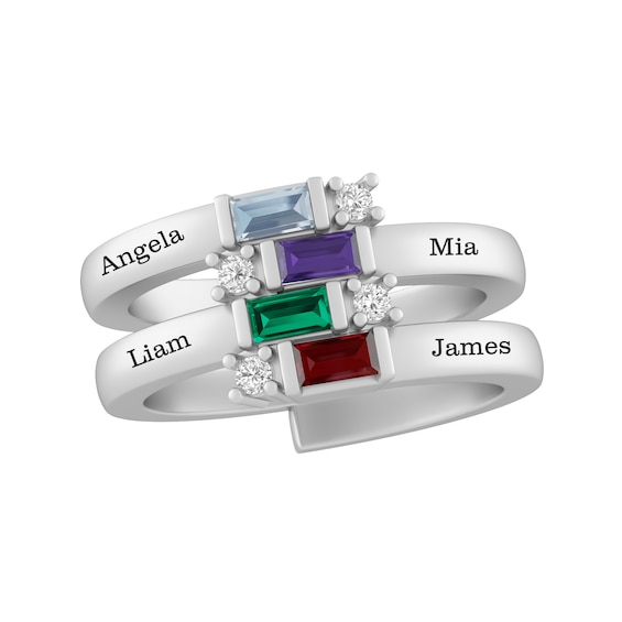 Baguette Birthstone Family & Mother's Bypass Ring (2-4 Stones and Lines)