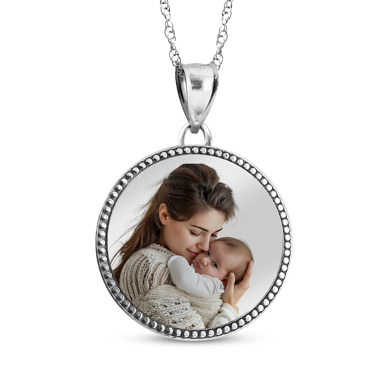 Main Image 1 of Beaded Edge Round Photo Disc Necklace Sterling Silver (3 Lines)