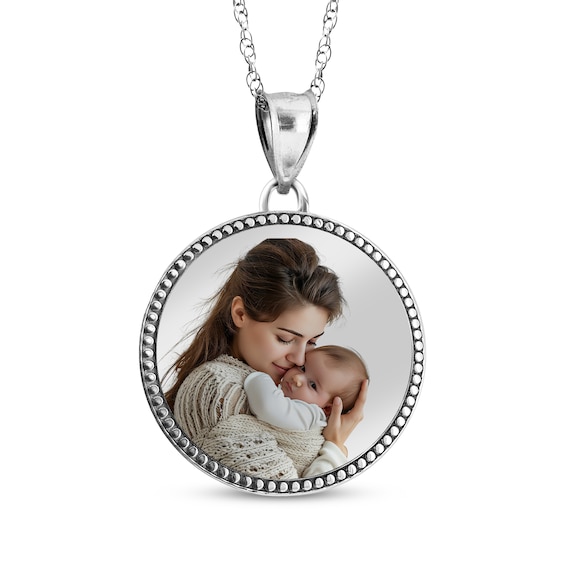 Beaded Edge Round Photo Disc Necklace 10K White Gold (3 Lines)