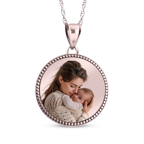 Beaded Edge Round Photo Disc Necklace 10K Rose Gold (3 Lines)