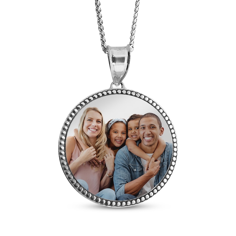 Main Image 1 of Men's Beaded Edge Round Photo Disc Necklace Sterling Silver (3 Lines)