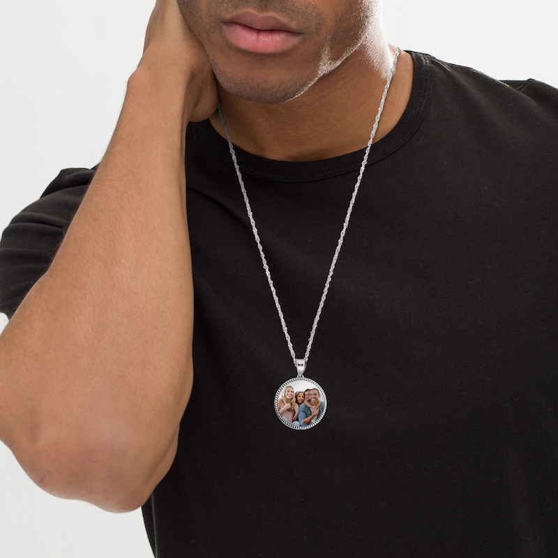 Main Image 3 of Men's Beaded Edge Round Photo Disc Necklace Sterling Silver (3 Lines)