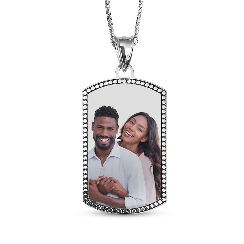 Main Image 1 of Men's Beaded Edge Dog Tag Photo Necklace Sterling Silver (4 Lines)