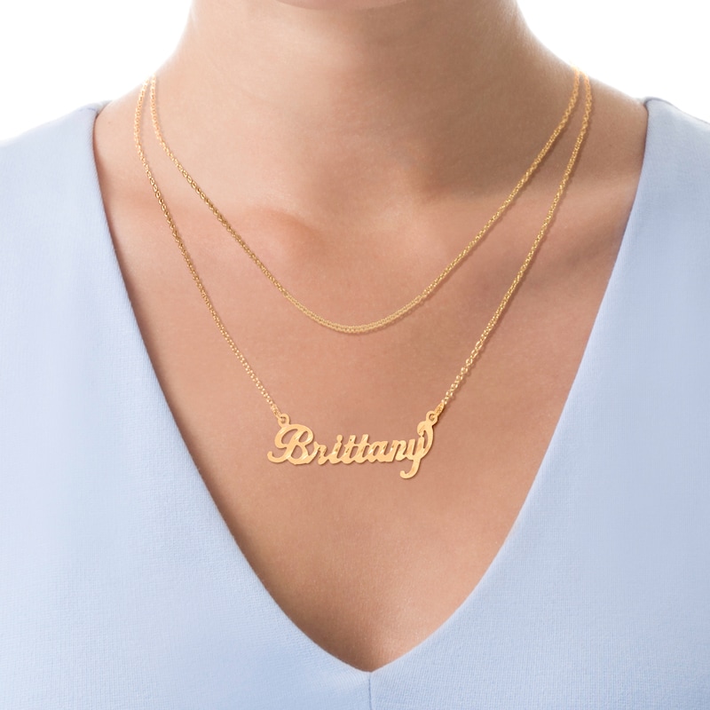 Main Image 2 of Diamond-cut Nameplate Necklace Solid 14K Yellow Gold-Plated Sterling Silver 18"