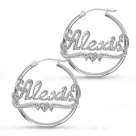 Beaded Finish Nameplate with Heart Hoop Earrings Hollow Sterling Silver