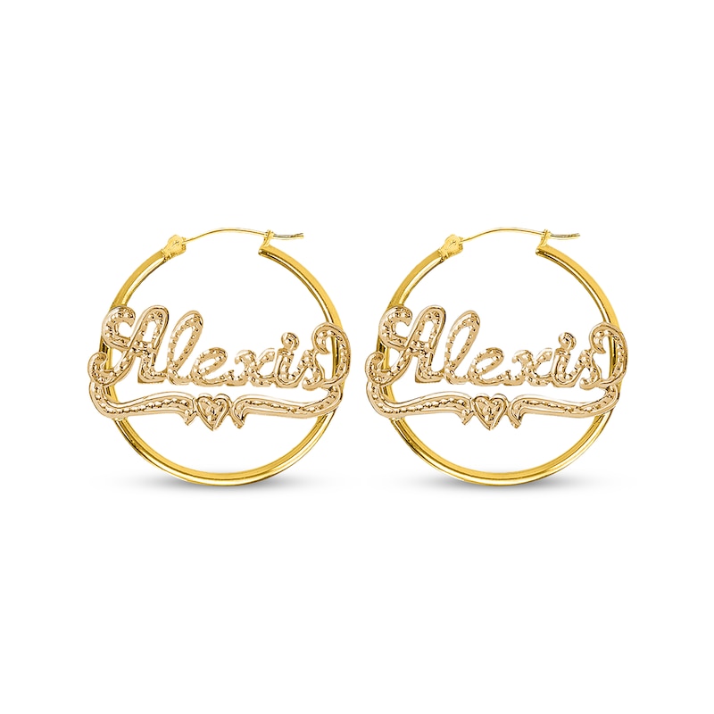 Main Image 1 of Beaded Finish Nameplate with Heart Hoop Earrings Hollow 14K Yellow Gold-Plated Sterling Silver