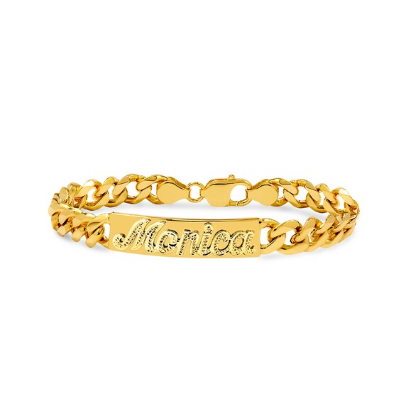 Beaded Finish Nameplate ID Bracelet Hollow 14K Yellow Gold-Plated Sterling Silver 7"