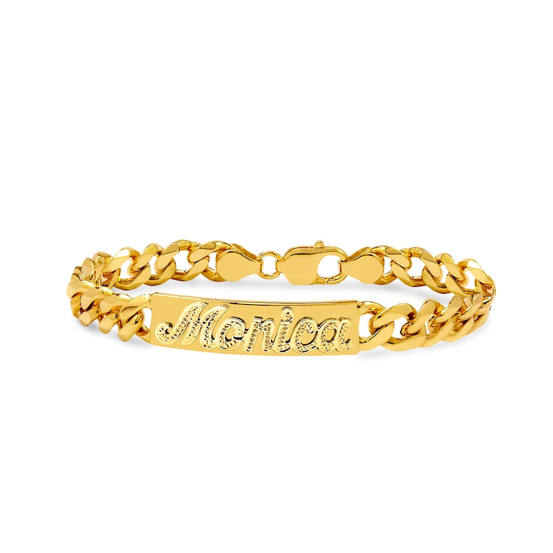 Main Image 1 of Beaded Finish Nameplate ID Bracelet Hollow 14K Yellow Gold-Plated Sterling Silver 7"