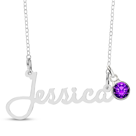 Bezel-set February Birthstone Charm Nameplate Necklace Sterling Silver 18"