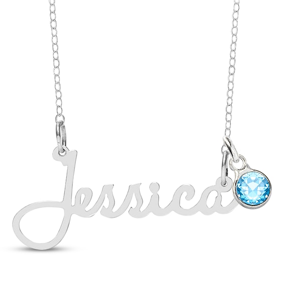 Bezel-set March Birthstone Charm Nameplate Necklace Sterling Silver 18"