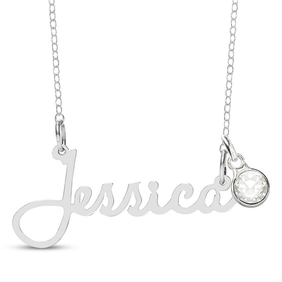 Bezel-set April Birthstone Charm Nameplate Necklace Sterling Silver 18"