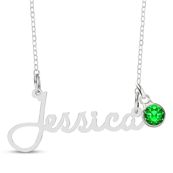 Bezel-set May Birthstone Charm Nameplate Necklace Sterling Silver 18"