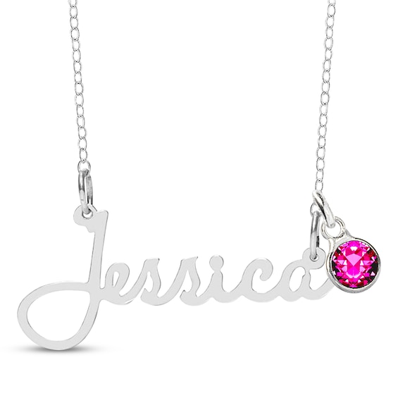 Bezel-set July Birthstone Charm Nameplate Necklace Sterling Silver 18"