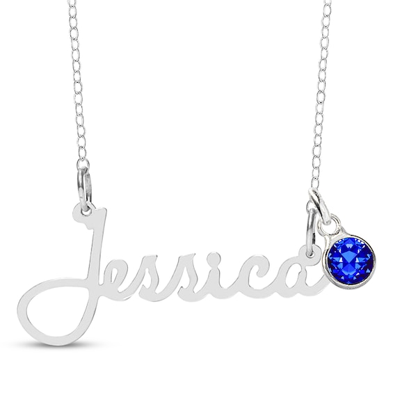 Bezel-set September Birthstone Charm Nameplate Necklace Sterling Silver 18"
