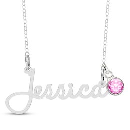 Bezel-set October Birthstone Charm Nameplate Necklace Sterling Silver 18"