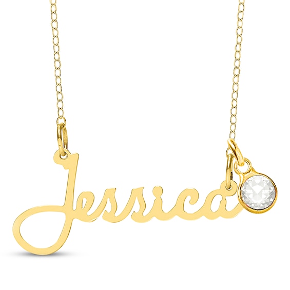 Bezel-set April Birthstone Charm Nameplate Necklace 14K Yellow Gold-Plated Sterling Silver 18"