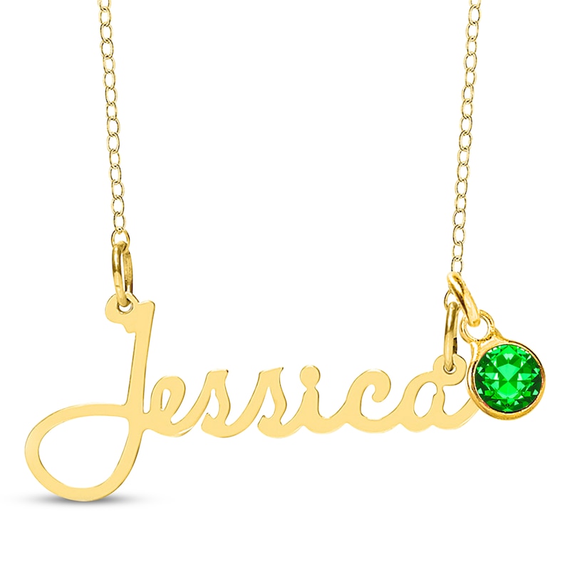 Main Image 1 of Bezel-set May Birthstone Charm Nameplate Necklace 14K Yellow Gold-Plated Sterling Silver 18"