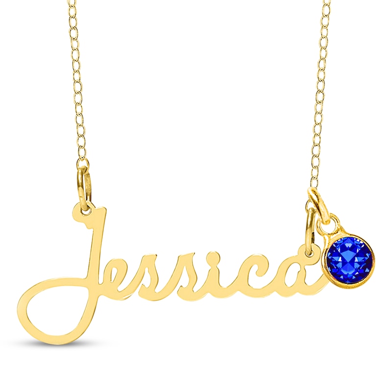 Main Image 1 of Bezel-set September Birthstone Charm Nameplate Necklace 14K Yellow Gold-Plated Sterling Silver 18"