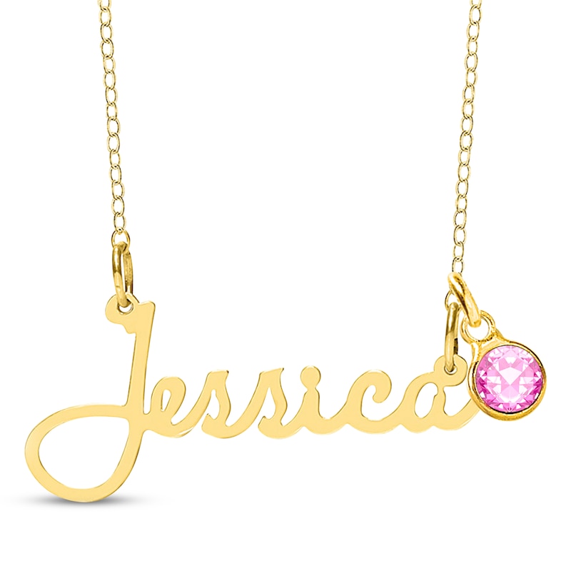 Main Image 1 of Bezel-set October Birthstone Charm Nameplate Necklace 14K Yellow Gold-Plated Sterling Silver 18"