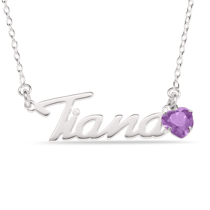 Main Image 1 of Heart-cut February Birthstone Charm Nameplate Necklace Sterling Silver 18"